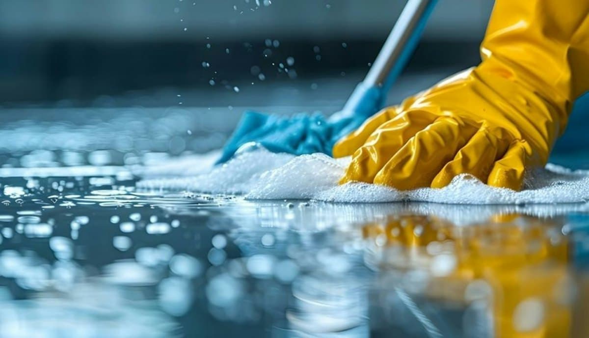 A cleaner in gloves washing a tiled floor with a cloth